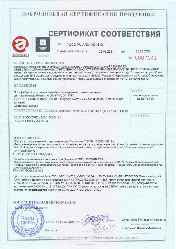Добровольная сертификация продукции сертификат о соответствии к ТУ с Изм.1 полуфабрикаты от 26.03.2021